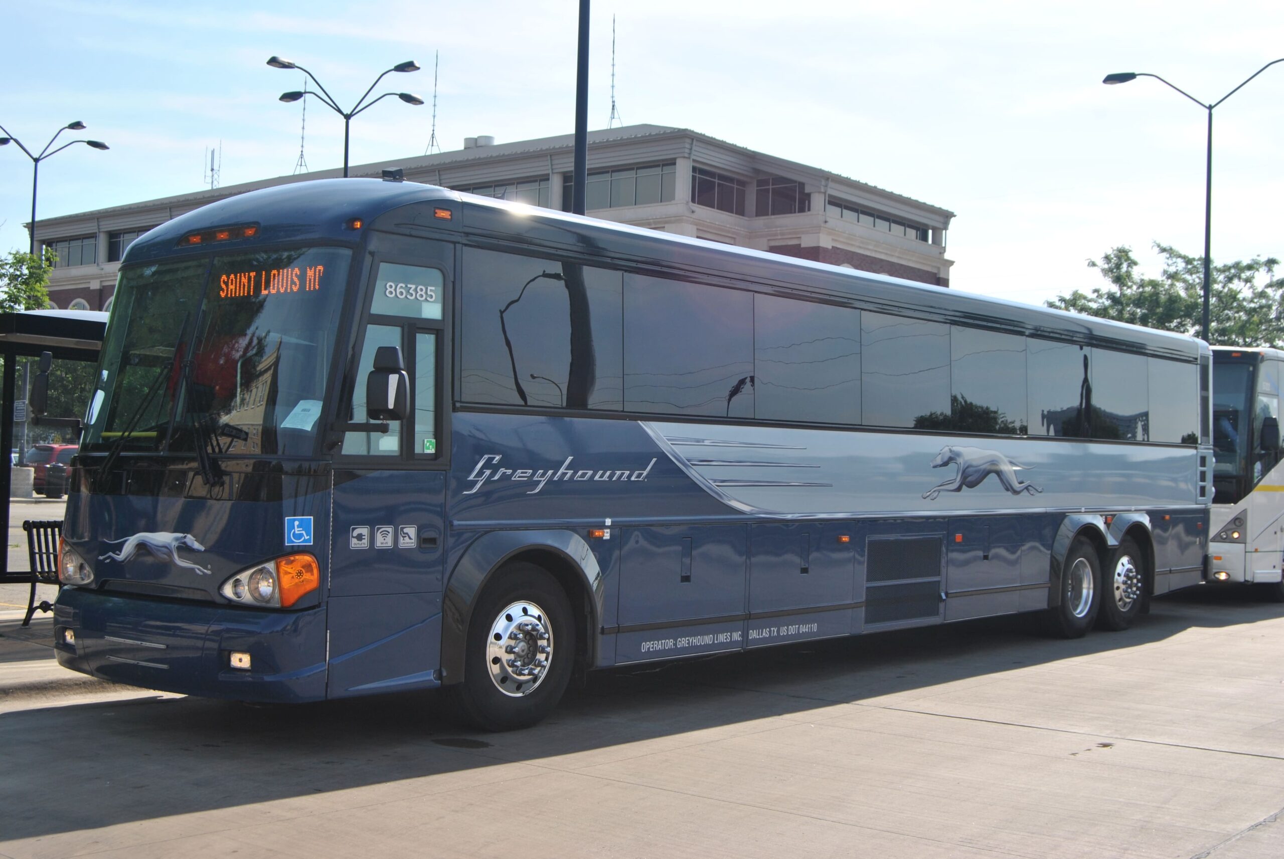 Greyhound #86385, a Motor Coach Industries D4505 leaving the Greyhound station in Urbana, Illinois 